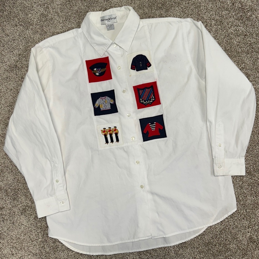 Vintage Eagle's Eye Button Shirt Women Size Large White Patches 90s Cotton‎